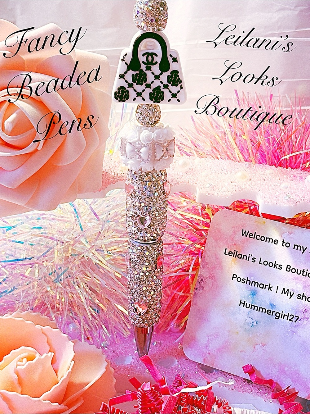 Fancy beaded Pen/gifts/white flowers/white purse/